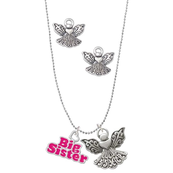 Delight Jewelry Silvertone Hot Pink ''Big Sister'' with Heart Silver tone Guardian Angel Charm Necklace and Stud Earrings