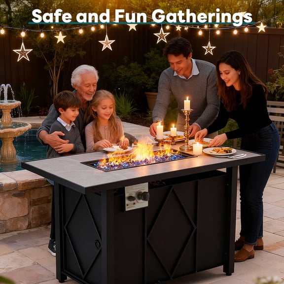Simenmax 43'' Propane Fire Pit Table, 50,000 BTU Square Outdoor Gas Firepit with Steel Tabletop for Garden, Patio, Deck, Yard