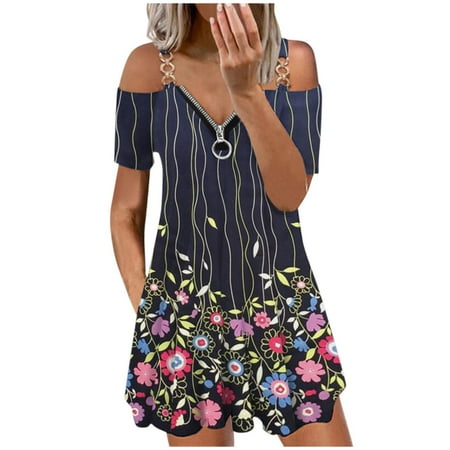 

Juebong Off The Shoulder Dress for Women Sexy Zip Up V Neck Short Sleeve Mini Dresses Loose Ruched Flowy Beach Sundress
