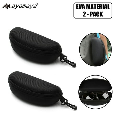 [2 PACK] Portable Glasses Case, AYAMAYA Ultra Light Soft EVA Sunglass Case with Zipper, Universal Waterproof Eyeglass Box with Hook & Belt (Black)