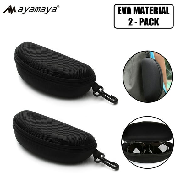 [2 PACK] Portable Glasses Case, AYAMAYA Ultra Light Soft EVA Sunglass Case with Zipper, Universal Waterproof Eyeglass Box with Hook & Belt (Black)