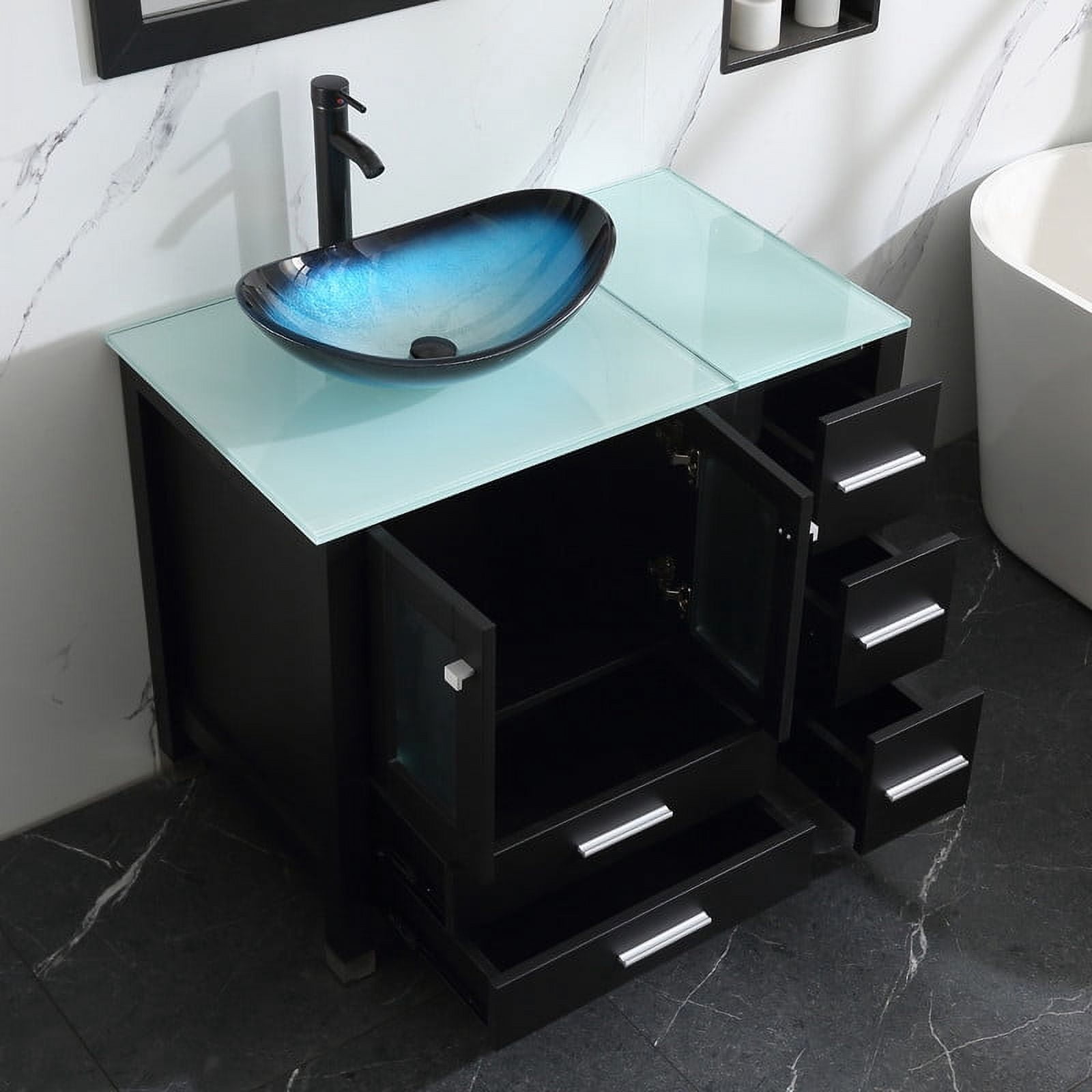 Walsport 36" Luxurious Bathroom Vanity with Blue Tempered Glass Vessel Sink Bowl and Countertop and Mirror and Faucet,Stand Floor Cabinet Bathroom Storage Vanity with Pop Up Drain,Black