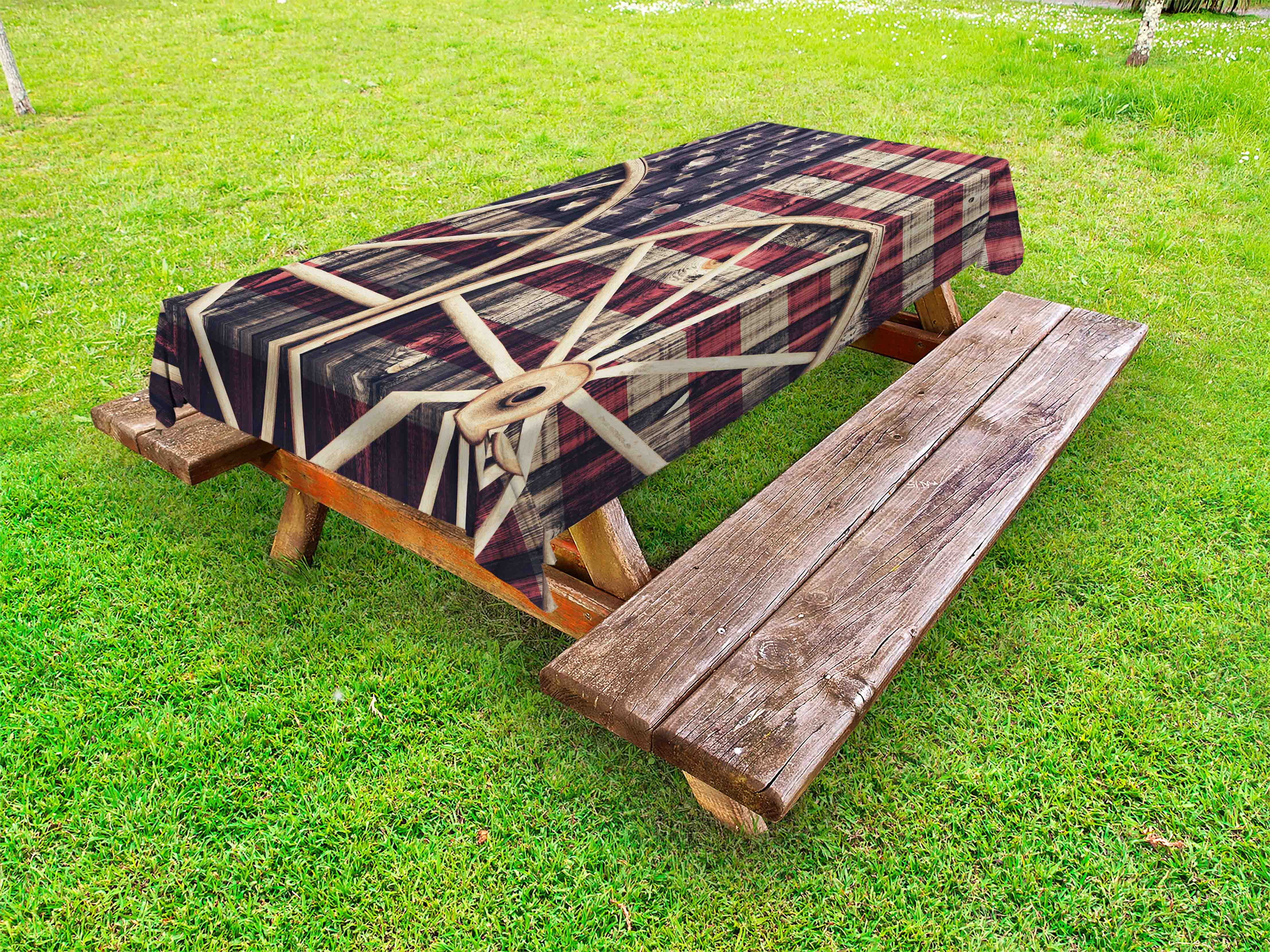Western Outdoor Tablecloth, Antique Cart Carriage Wheels with American