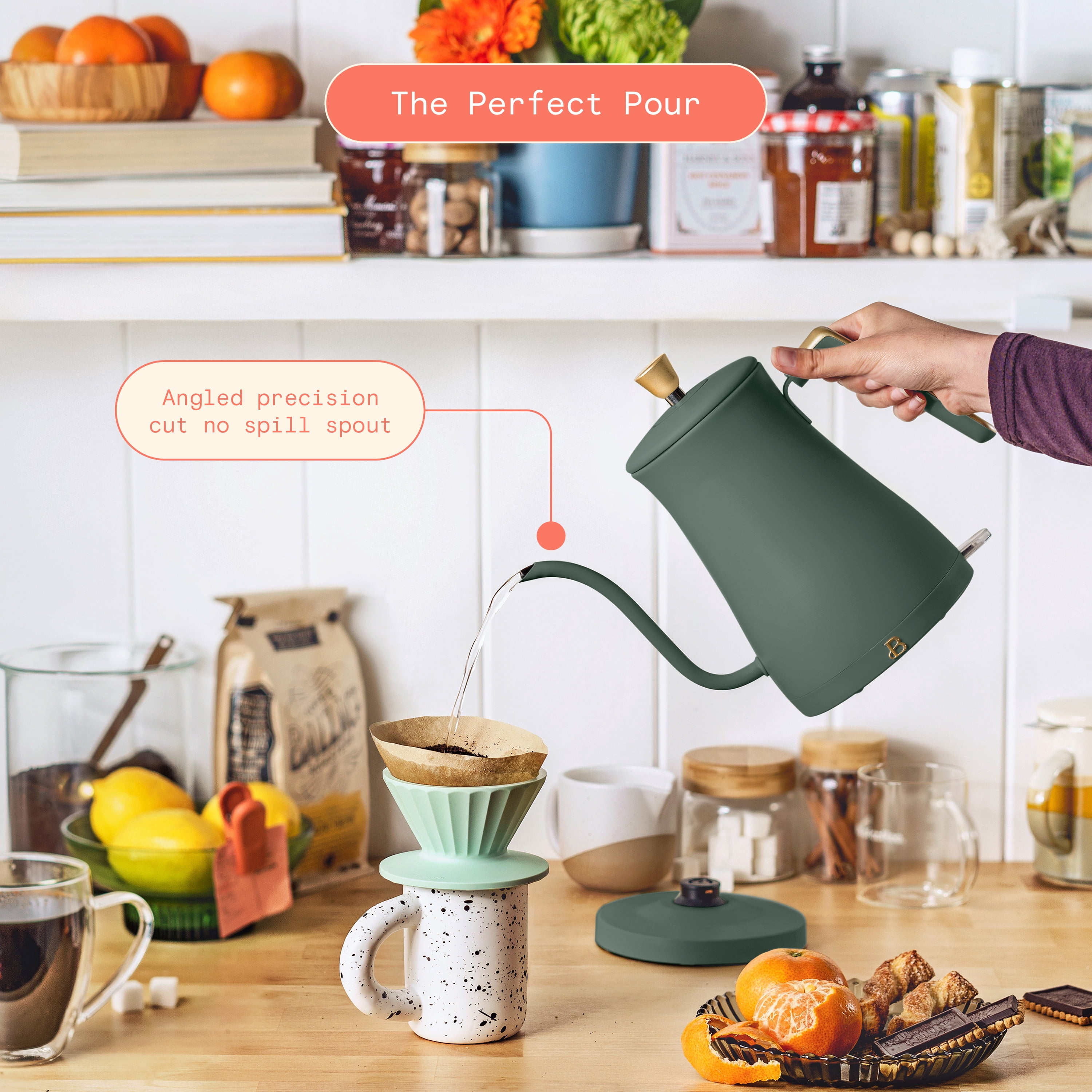 Beautiful 1-Liter Electric Gooseneck Kettle 1200 W, Thyme Green by Drew Barrymore
