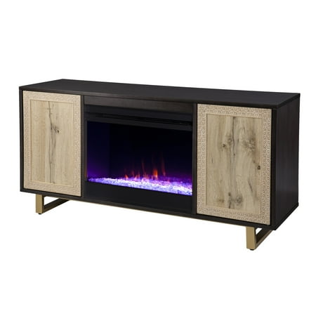 SEI Furniture - Wilconia Color Changing Fireplace w/ Media Storage and Carved Details - Dark brown, natural, and gold finish