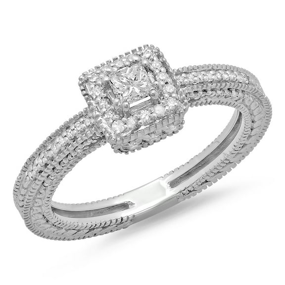 Dazzlingrock Collection 0.60 Carat (ctw) 14K Princess & Round Diamond Bridal Vintage Halo Engagement Ring, White Gold, Size 6.5