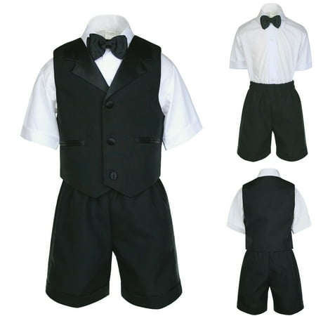 

4pc New Born Boy Toddler Black Eton Vest Shorts Sleeve Bow Tie Set Formal Sm-4T