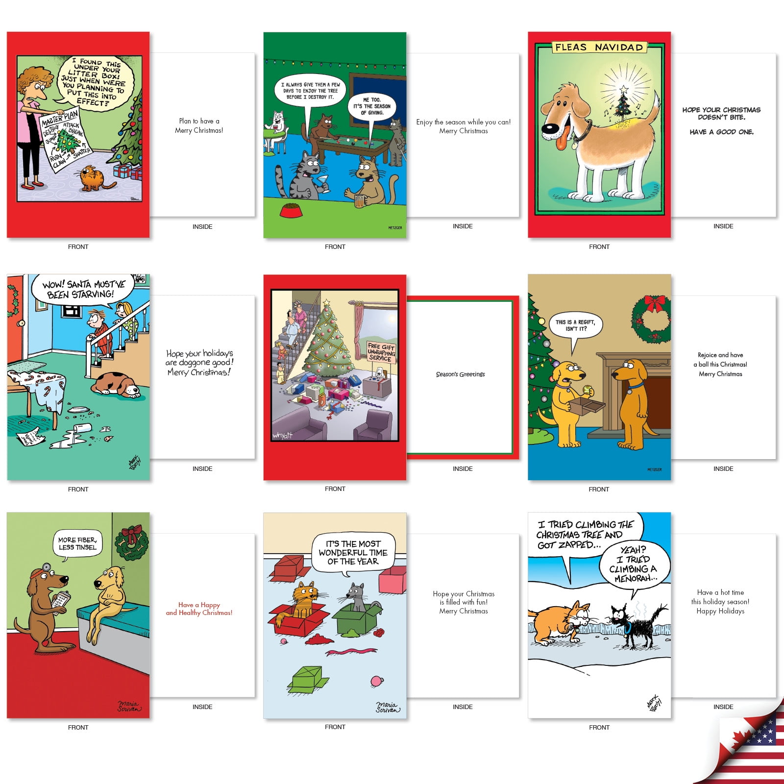 NobleWorks 36 Assorted Box Set Funny Christmas Greeting Cards w/5 x 7 Inch Envelopes (36 Designs, 1 Each) Holiday Dog And Cat Toons AC10709XSG-B1x36