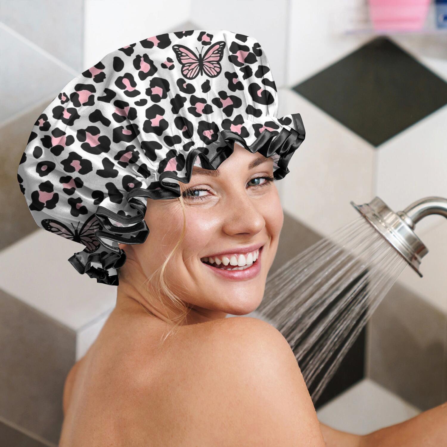 Shower Caps,Pink Leopard Butterfly Pattern Waterproof Shower Cap for Women 4 Pieces,Double Reusable Hair Cover for Shower PEVA Elastic Stretch Hem