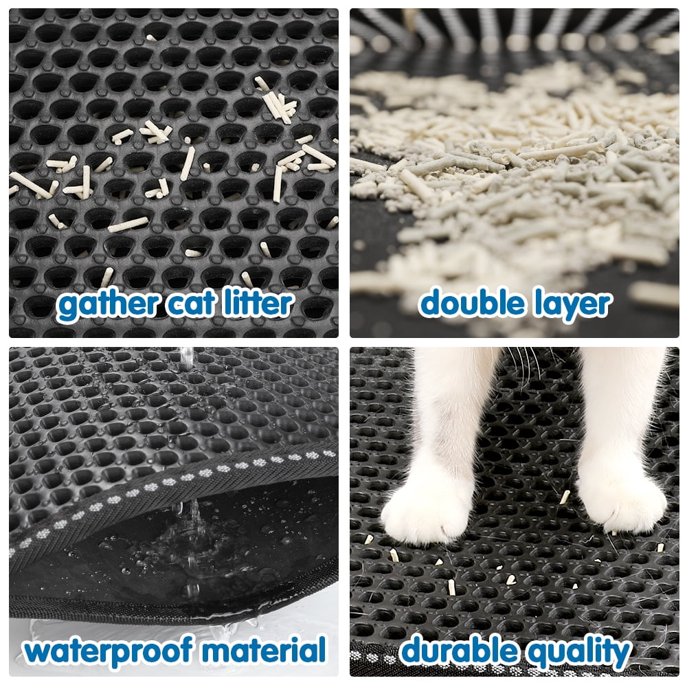 Cat Litter Mat, Rice-Shaped Double Layer Litter Trapper Waterproof Urine-Proof Mat, Non-Slip for Litter Box Area, Scratch-Friendly for Cats & Kittens​ Black