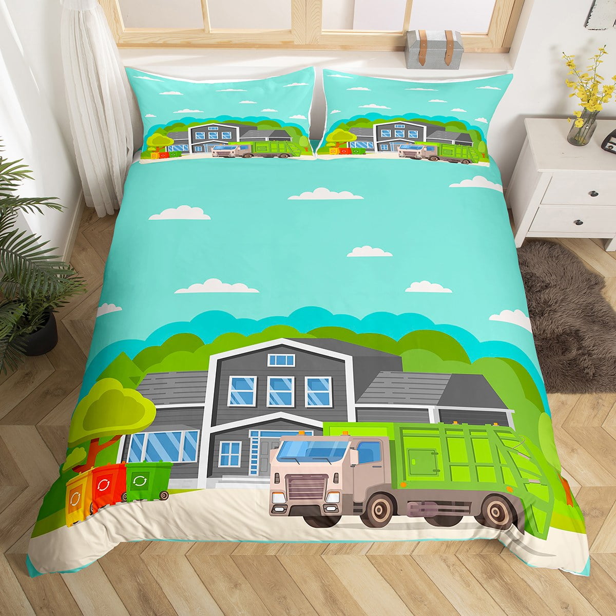 Green Garbage Truck Comforter Cover Boys Waste Recycling Car Bedding Set for Kids Teens Room