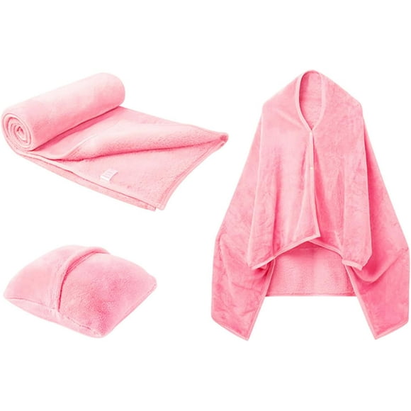 Travel Blanket and Pillow, Premium Soft 2-in-1 Folding Travel Blanket, Multifunctional Shawlable Flannel Poncho Blanket, Car Blanket for Women, Men (Pink)