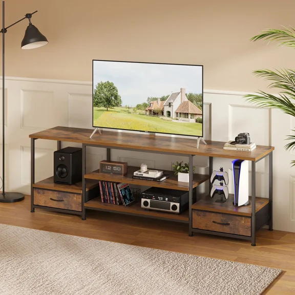 Prilinex LED 63" TV Stand for TVs up to 65 Inch, 2 Fabric Drawers, Entertainment Center Console Table with Adjustable Open Storage Shelves for Living Room & Bedroom, Rustic Brown
