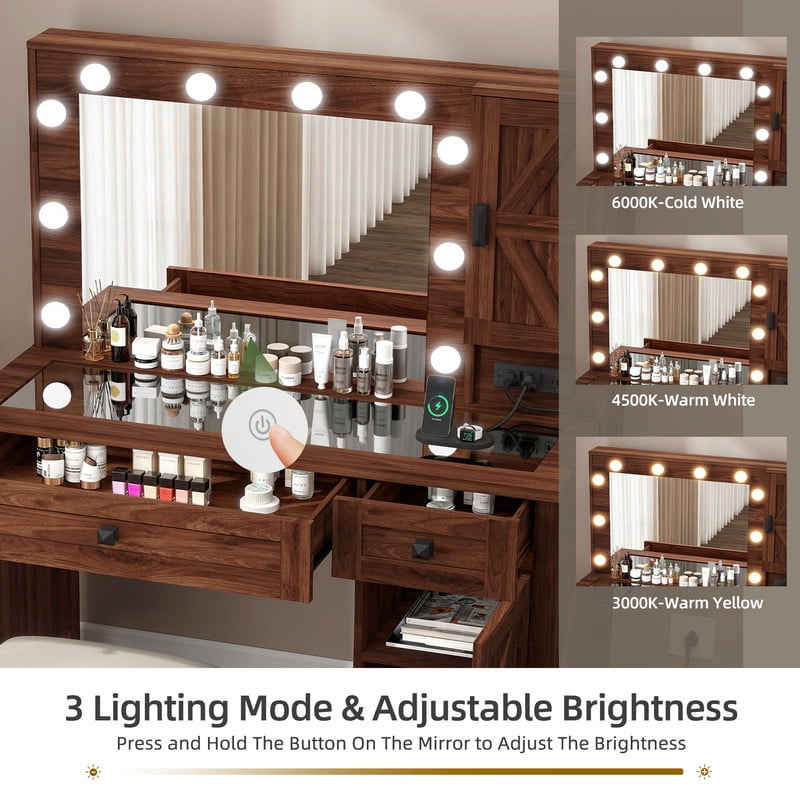 Uforic 42" Farmhouse Makeup Vanity Set with Lighted Mirror & Drawers, ,Vanity Desk with Charging Station & Glass Top, Brown