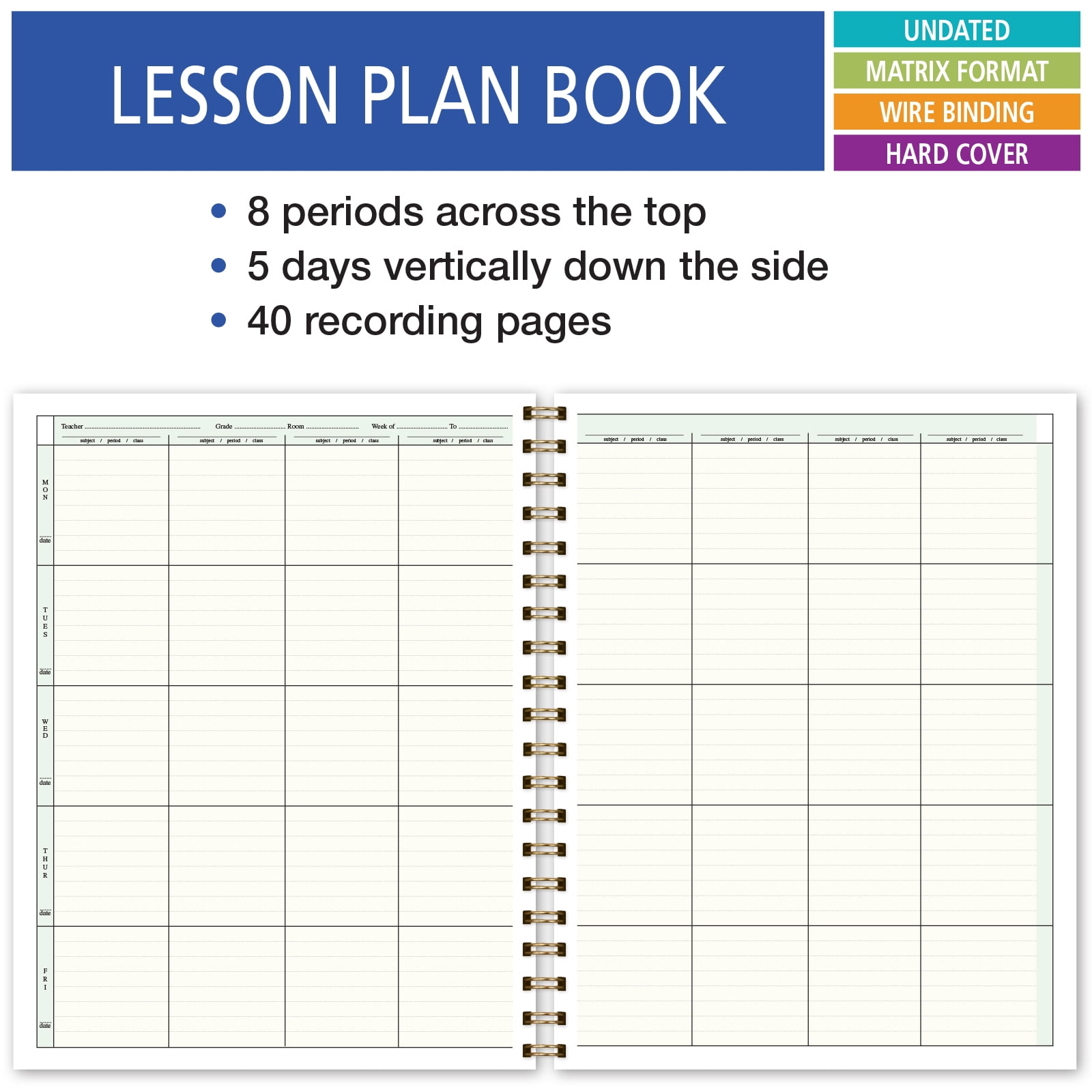 Elan Publishing Company Hardcover 8 Period Teacher Lesson Plan - Days Vertically Down the Side with Bonus Clip-in Bookmark (Rainbow Gold Marble)