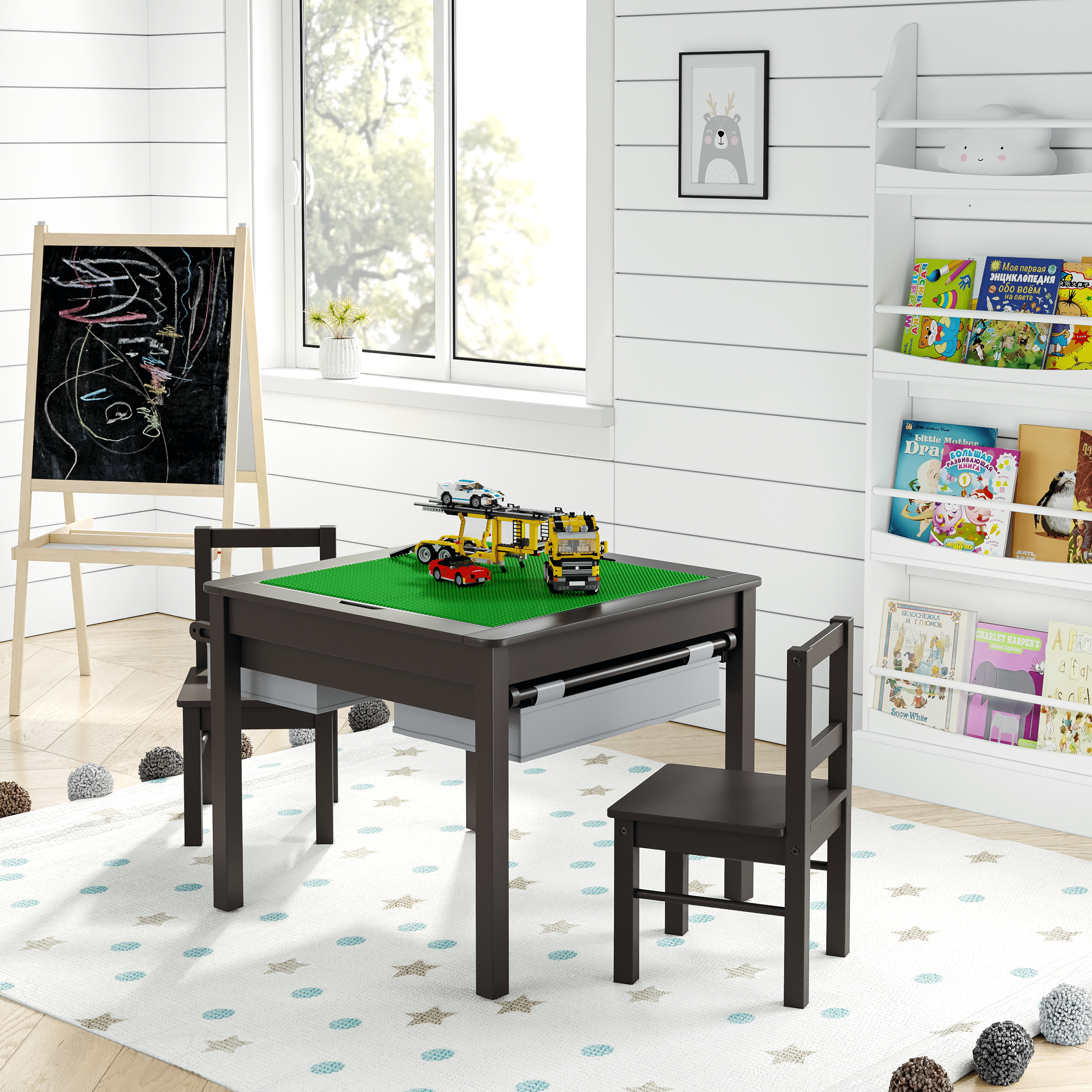 UTEX Wooden 2 In 1 Kids Construction Play Table and 2 Chairs set with Storage Drawers and Built In Broad, Espresso with Gray Drawer
