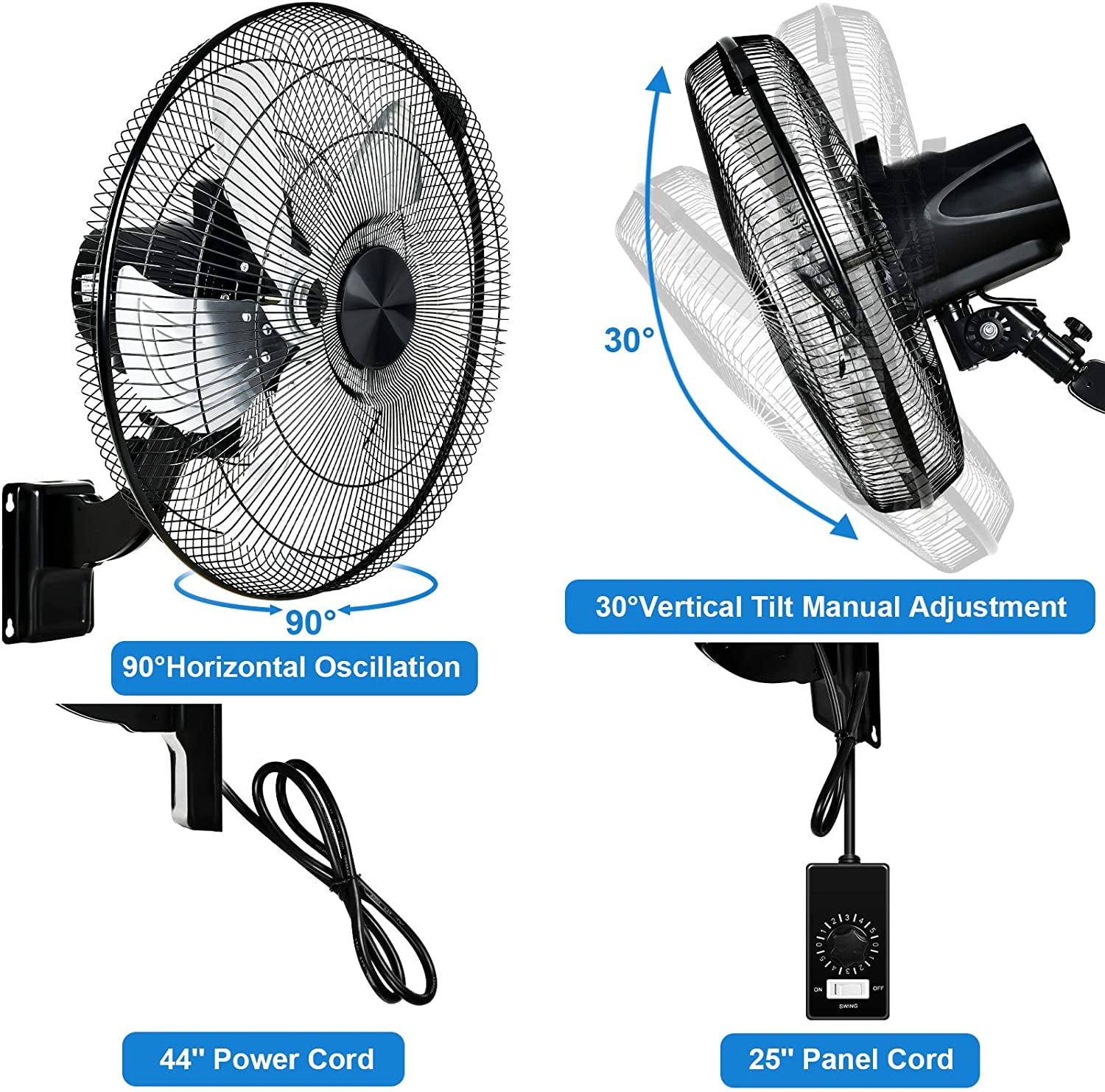 18 Inch Household Commercial Wall Mount Fan, 90 Degree Horizontal Oscillation, 5 Speed Settings, Black, 1-Pack