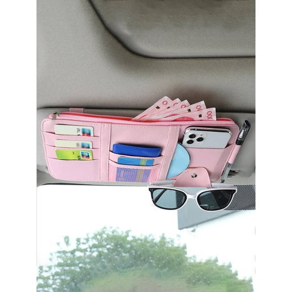 PU‑Leather Car Sun‑Visor Organizer, Multi‑Pocket Auto Storage Pouch with Sunglass Holder, Card Phone Document Storage, 1‑Pack