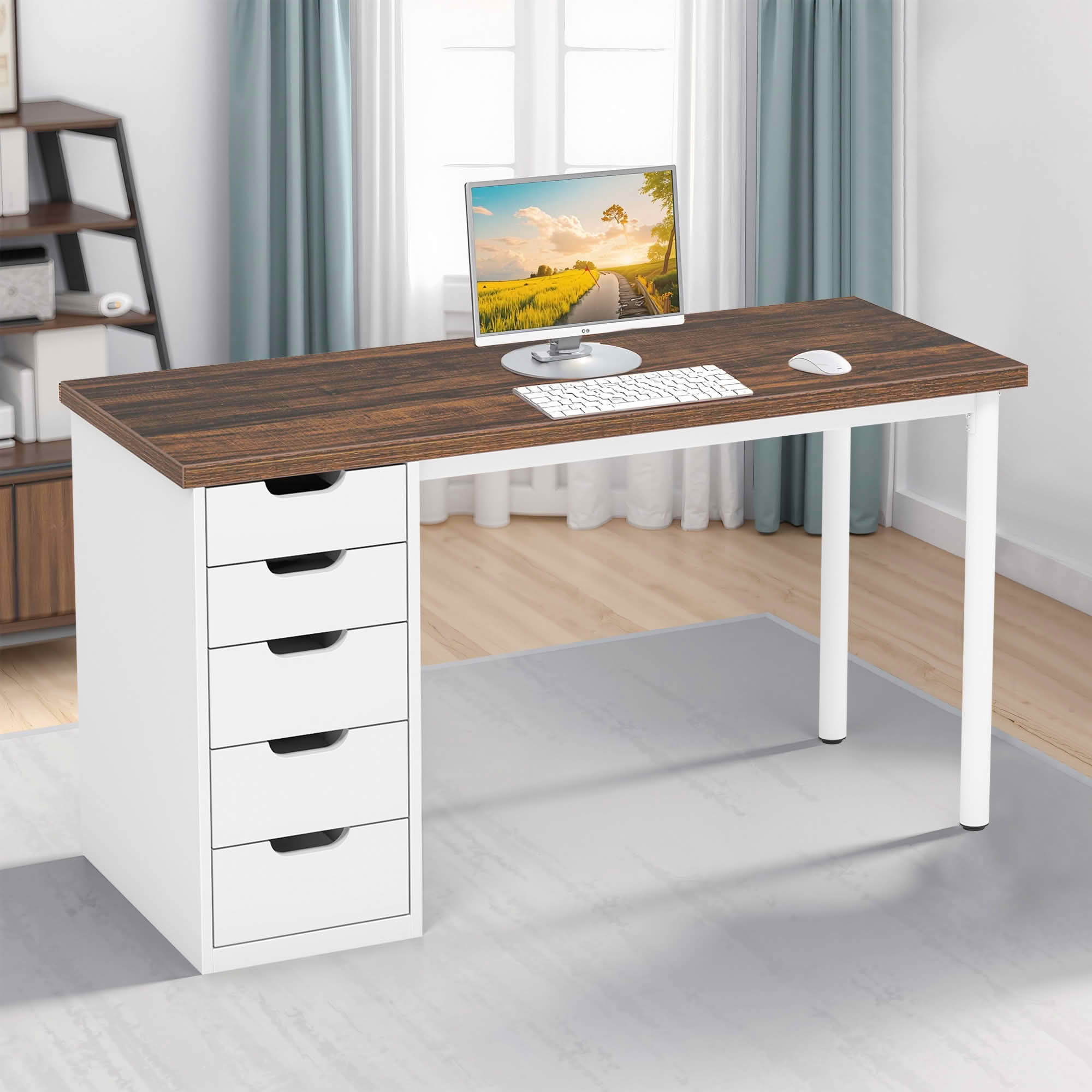 MAYEERTY 47 Inch Modern Computer Desk with 5 Reversible Drawers, Rustic Brown Writing Table for Home Office