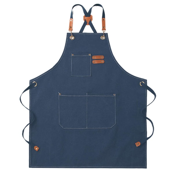 Delantal de chef de lona con peto ajustable, bolsillos, tirantes cruzados en la espalda e impermeable. Azul