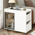 thumbnail image 2 of Modern End Table With Led Light And Wheels, Side Table With Transparent Brown Glass Door, 2 Storage Shelves And Drawers For Living Room, White, 2 of 9