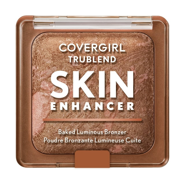 COVERGIRL TruBlend Skin Enhancer Baked Luminous Bronzer powder in a square compact with clear lid, showing a marbled mix of warm brown and pink tones for a natural sun-kissed glow, hydrating skin with hyaluronic acid and white rose extract, suitable for cheek makeup and seamless blending.