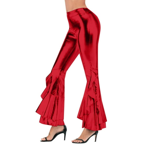 Women Pants Stage Solid Color Leather Glossy Slim Fit Irregular Flared Wide Leg Pants Cargo Pants Woman Red XL