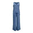 thumbnail image 5 of Ussuma Solid Color 3 Piece Sets for Women V-Neck Sleeveless Tank and Cardigan with Elastic Waist Loose Plus Size Drawstring Pants with Pockets Intellectual Sets Dressy Casual Party Travel Work L Blue, 5 of 6