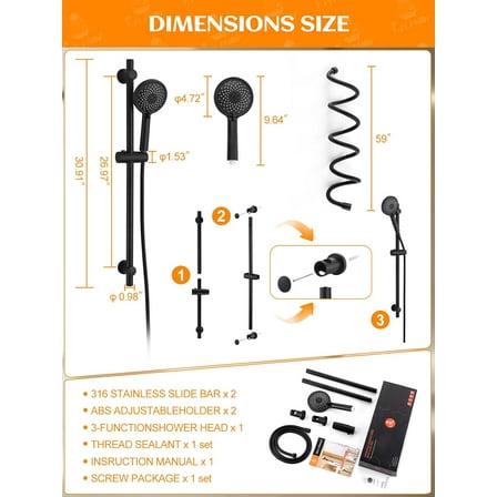 Adjustable Height shower head with slide bar, 3-Function Handheld Shower Head with Extra Hose and Adjustable Holder, 316 Stainless Steel 30-inch Matte Black Slide bar