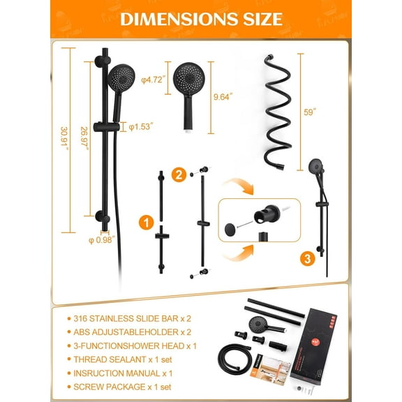 Adjustable Height shower head with slide bar, 3-Function Handheld Shower Head with Extra Hose and Adjustable Holder, 316 Stainless Steel 30-inch Matte Black Slide bar