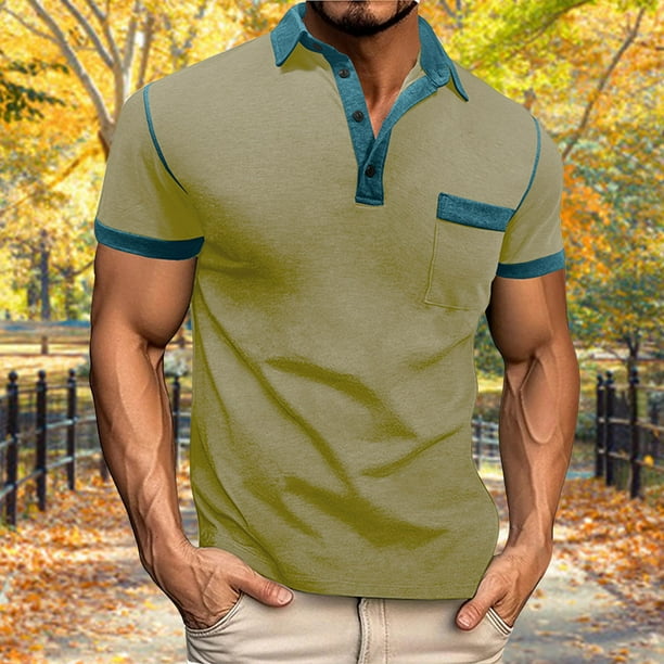 Blusa y camisa de manga corta con cuello vuelto para hombre, estilo casual, de color liso, con solapa, mangas, cuello redondo, botones y bolsillo.