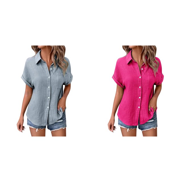(2-Pack) Rinsvye Womens Solid Color Casual Batwing Sleeve Button Down Blouse Ladies Tops Casual Shirt Versatile Wardrobe