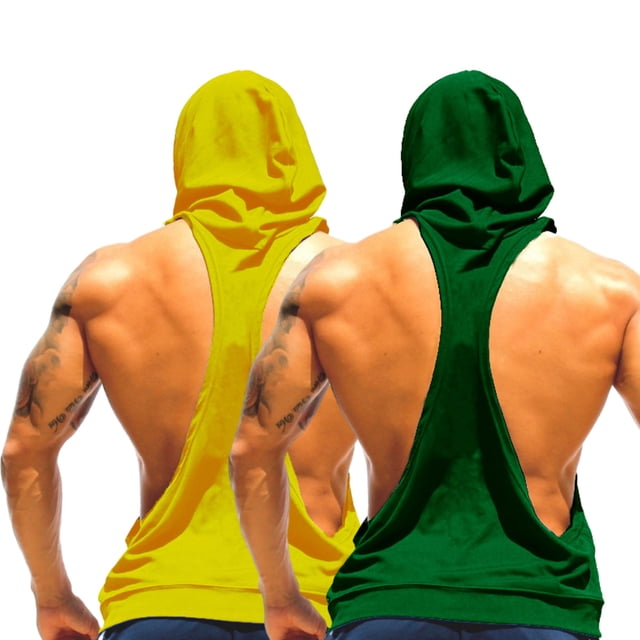 Hukapapa - Camiseta sin mangas con capucha para entrenamiento de hombre, para culturismo, musculación, corte de músculos, sudaderas sin mangas para gimnasio, color amarillo y verde