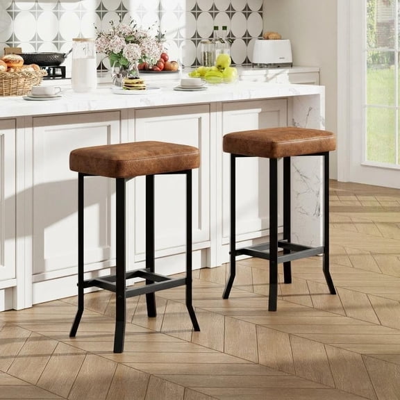 Space-Saving Counter Height Bar Stools, 24.6" Faux Leather Upholstered Bar Chairs with Footrest, Irregular Metal Legs & Leveling Feet, Easy Assembly