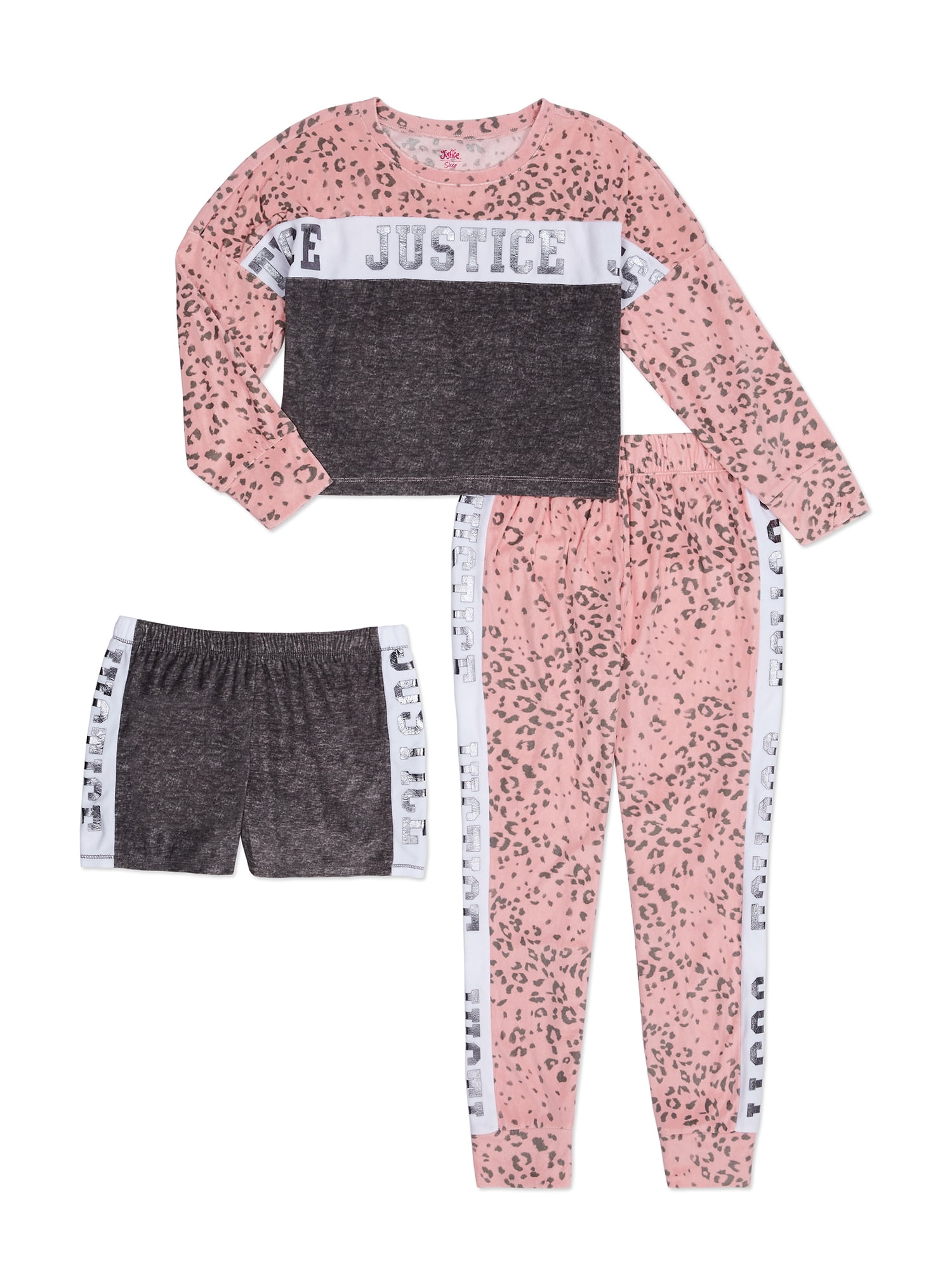 Justice - Justice Girls Long Sleeve Top, Sleep Short, and Jogger Pant 3-Piece Pajama Set, Sizes