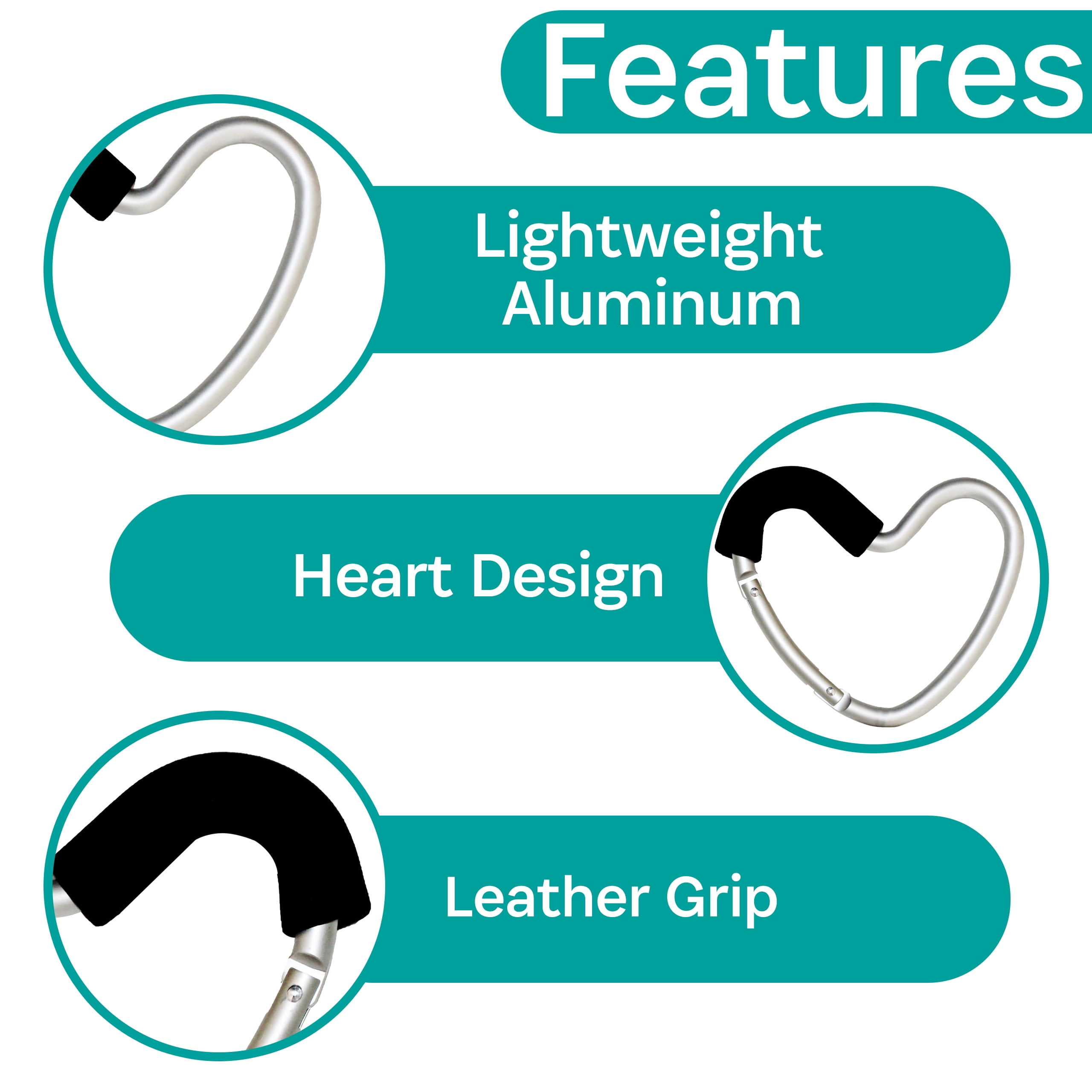 BuggyGear Stroller Heart Hook - Silver Aluminum/Black Foam