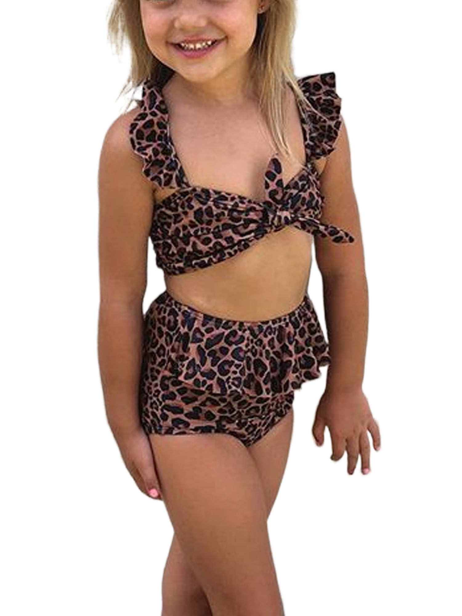 2Pcs Set Toddler Baby Girl Swimsuit Floral Leopard Ruffle Swimwear Bikini Tankini Sunsuit 3-4T