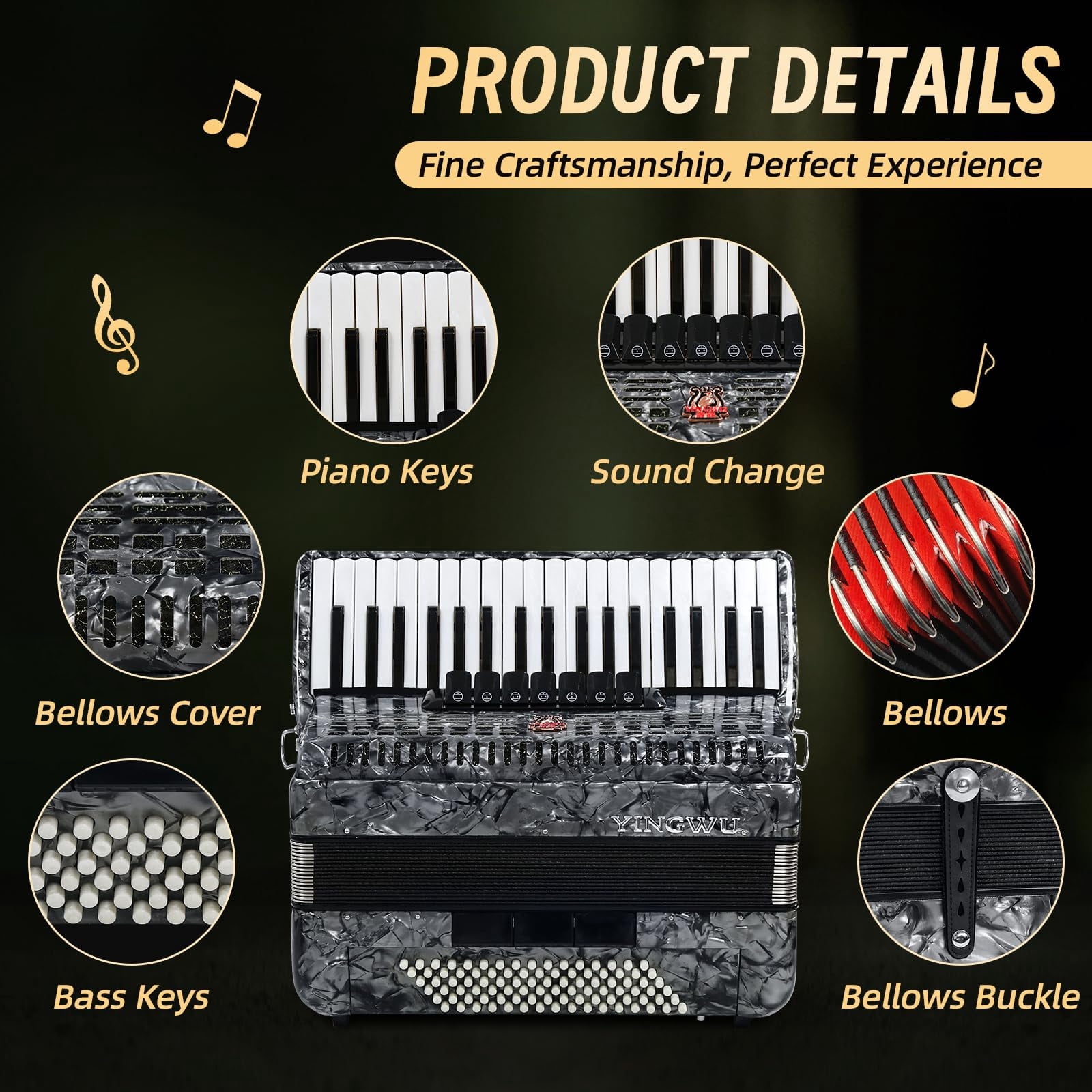 Accordion, 37 Keys 96 Bass Professional Accordion for Beginners and Advanced Players with Backpack and Strap