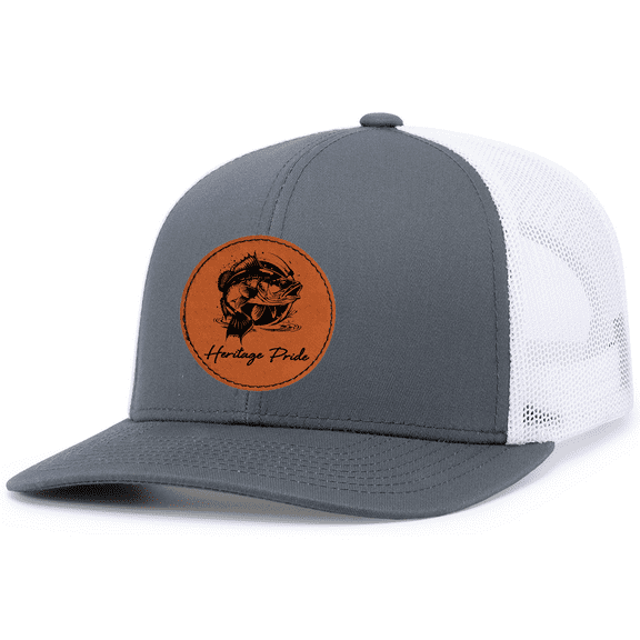 Heritage Pride Mens Splashing Bass Fish Leather Patch Mesh Back Trucker Hat-Charcoal/White