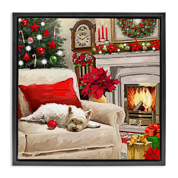 Stupell Industries Rustic Lodge Cozy Dog by Holiday Mantle Black Floating Frame Canvas Art, 18 x 18, by Adam Sanderson