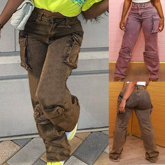 Miluxas Cargo Pants Women Work High Waisted Streetwear Casual Travel Womens Hiking Tie Dye Denim Pants with Pockets Pink 4(S)