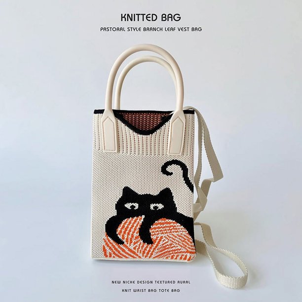 Mini bolso bandolera para teléfono con diseño de gato bonito, bolso de mano tejido, monedero pequeño y portátil para mujer