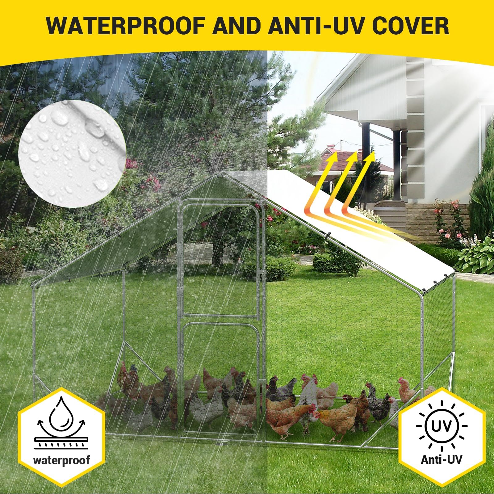 Huisuilinss Large Metal Chicken Coop Poultry Cage With Waterproof Cover Walk-in Metal Poultry Cage Peaked Hen House Chicken Run Pen Dog Kennel Duck Rabbit House For Outdoor Backyard Farm