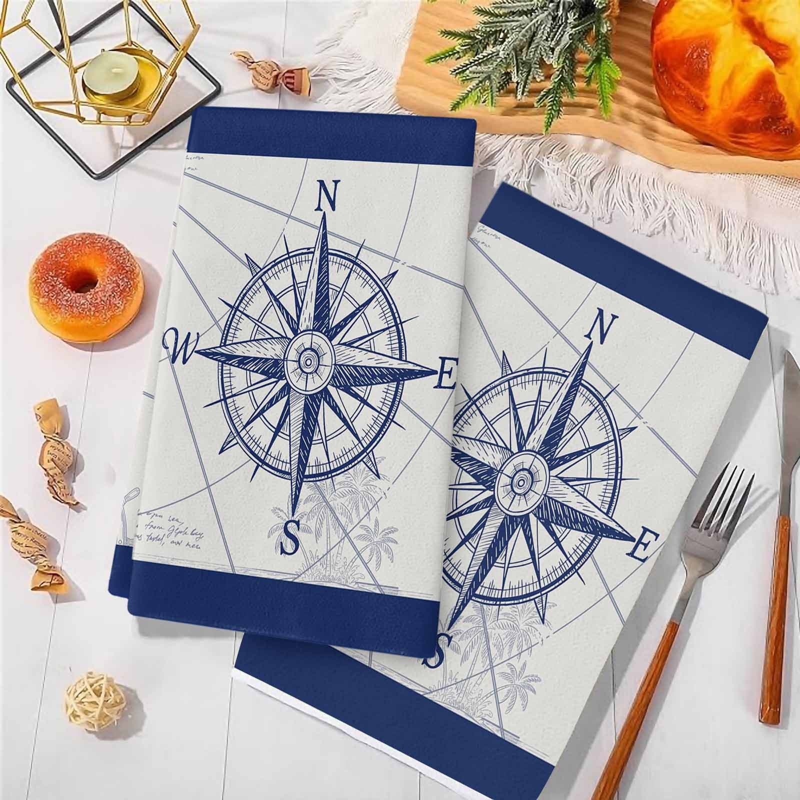 Dish Towels, Compass Absorbent Kitchen Towels 2 PCS, Blue Ocean Navigation Map Microfiber Hand Towels Dish Cloths Tea Towels for Home&nbsp;Bathroom Cleaning Drying,18X28-Inch,