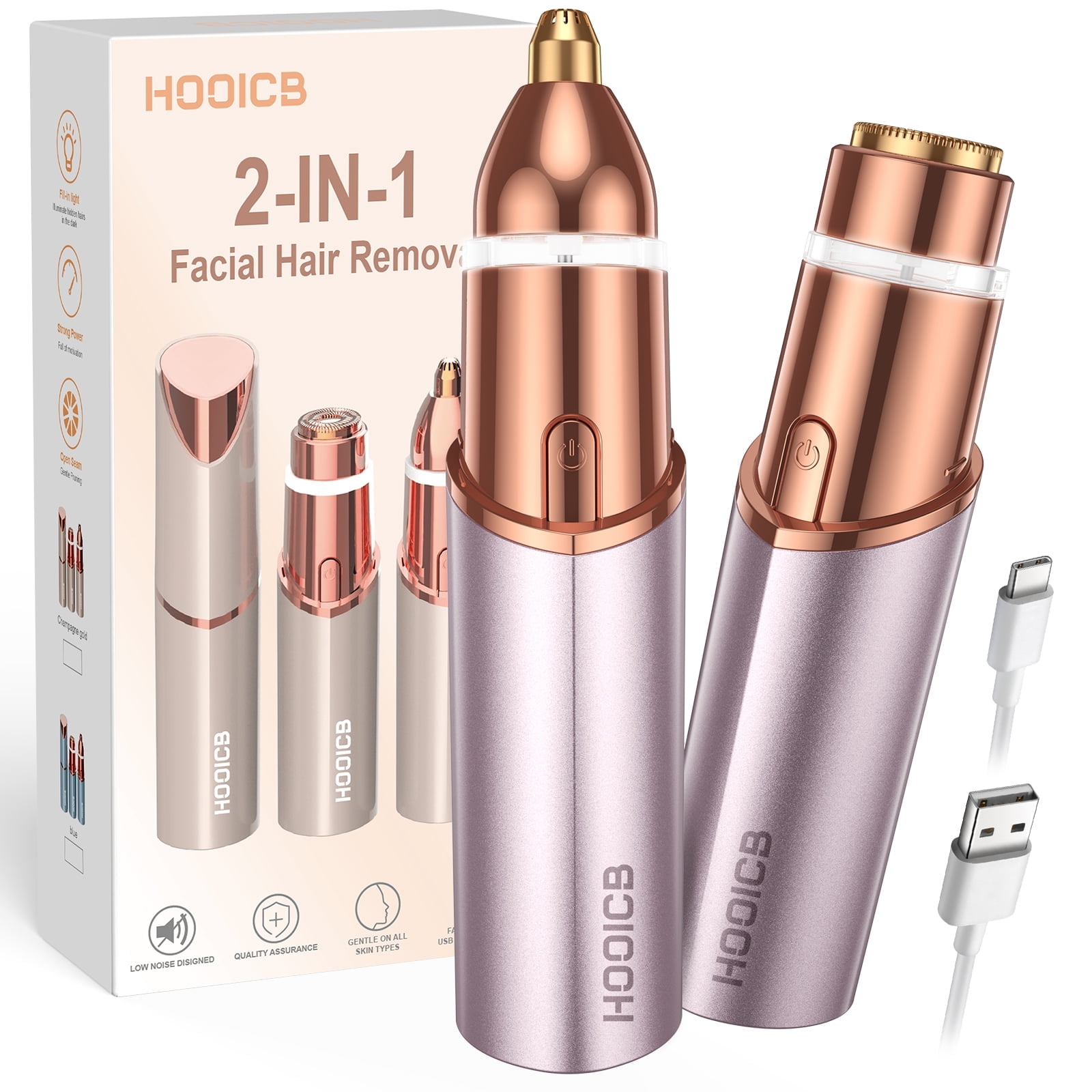 HOOICB Facial Hair Remover for Women, 2-in-1 Electric Face Shaver and Eyebrow Trimmer with LED Light, USB Rechargeable