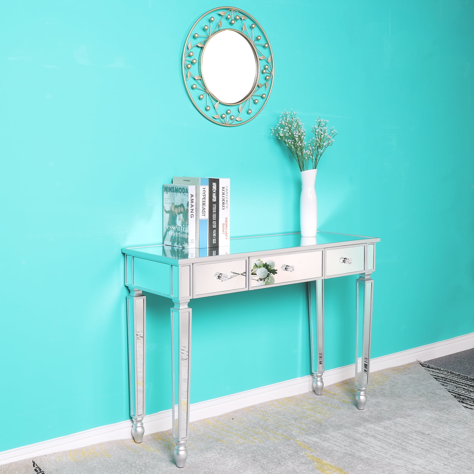 Ktaxon Mirrored Console Table Sofa Vanity Table with 3 Drawers Entryway Table with Storage for Hallway, Living Room, Foyer