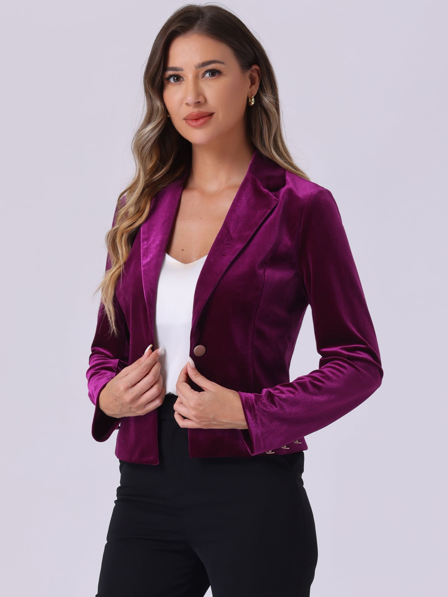 DARING DIVA Women's Button Front Velvet Blazer Lapel Crop Suit Jacket XL Deep Purple