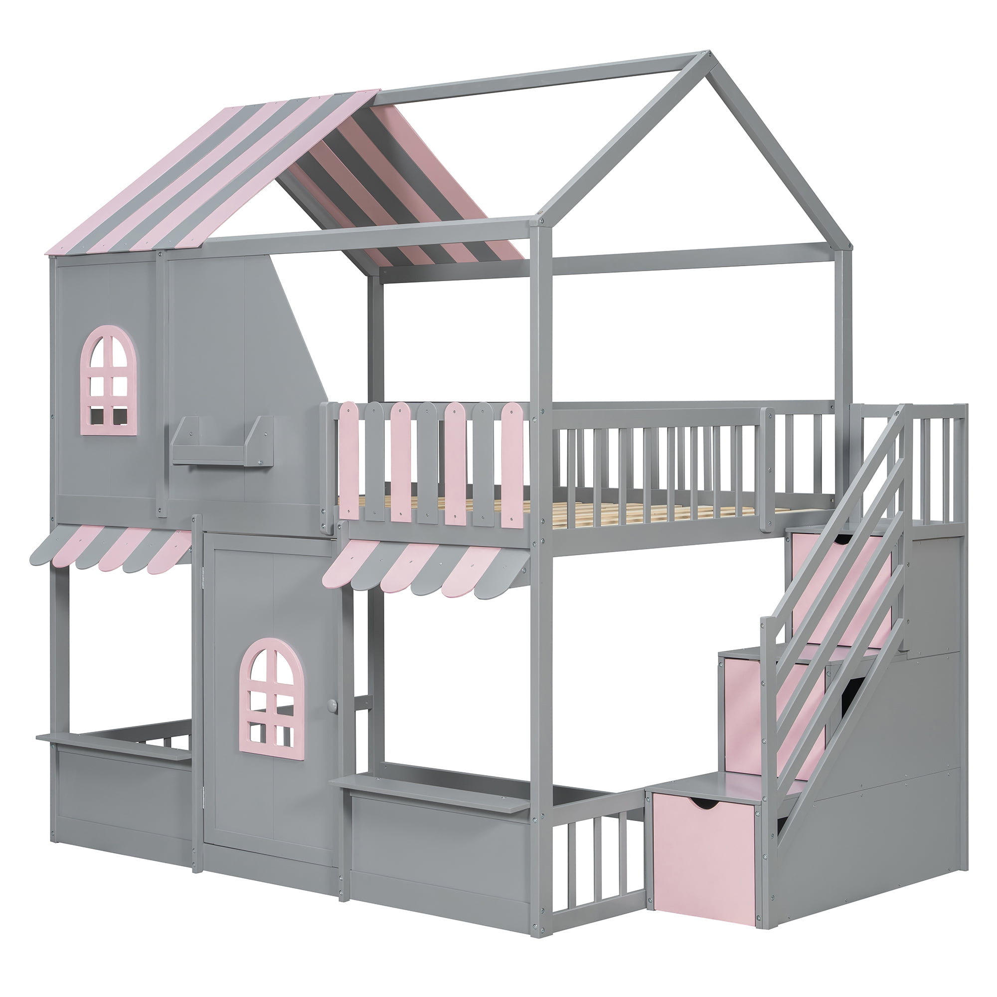 Leumius Full Over Full House Bunk Bed with Storage Staircase & Shelves, Wooden Kids Bunk Bed Frame with Playhouse Design, Roof & Door, Storage Steps and Open Shelving for Boys Girls Gray+Pink
