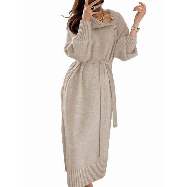 Women Oversized Turtle-Neck Long Sleeve Belted Knit Pullover Casual Button Shift Sweater Maxi Dress M