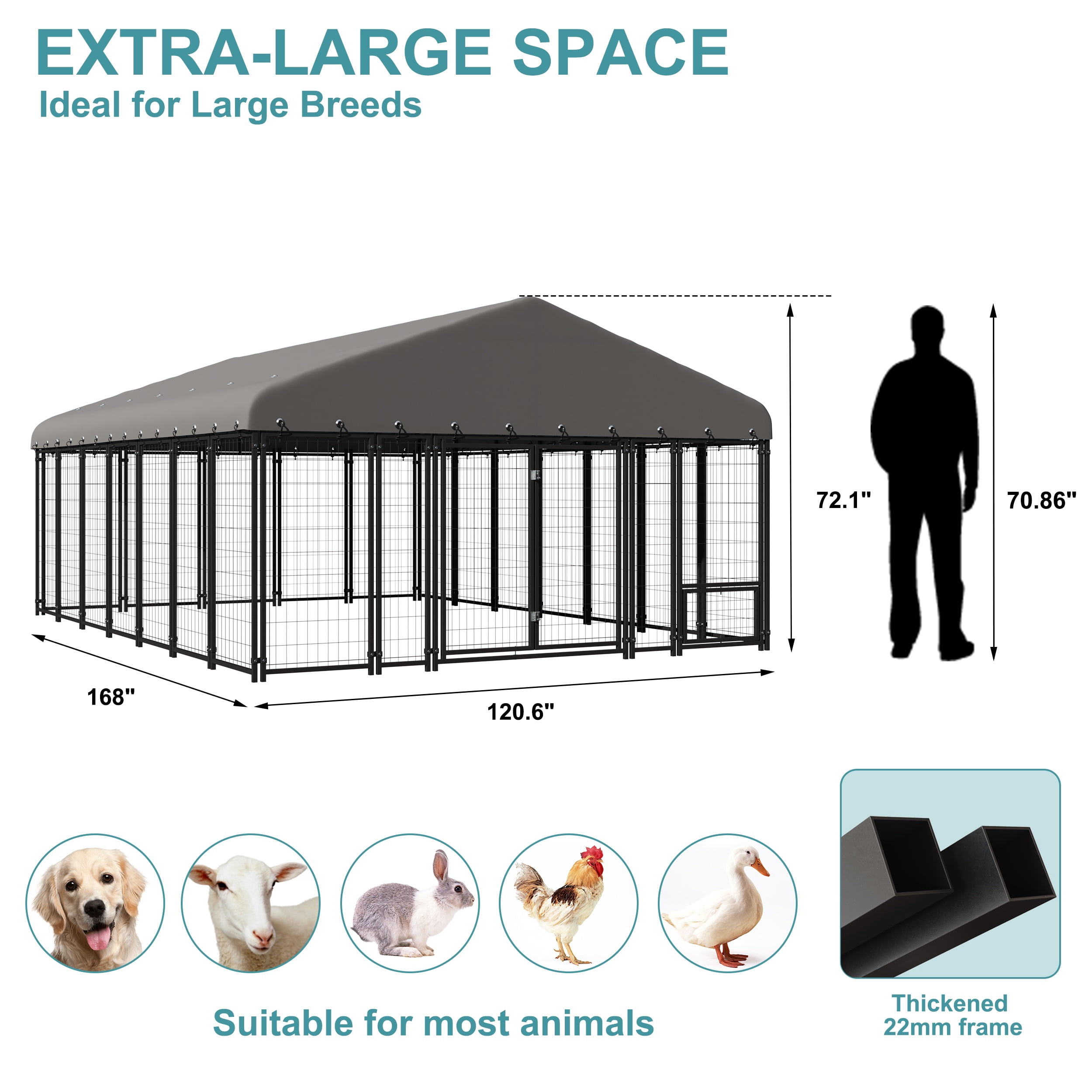 10X14FT Dog Kennel Outside Double Door Dog Kennel Outdoor with Feeding, Heavy Duty Outdoor Dog Crate Durable Dog Cage with Roof & Double Lock
